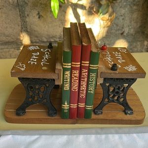 Vintage School Desk Bookends "School Daze" Cast Iron & Wood